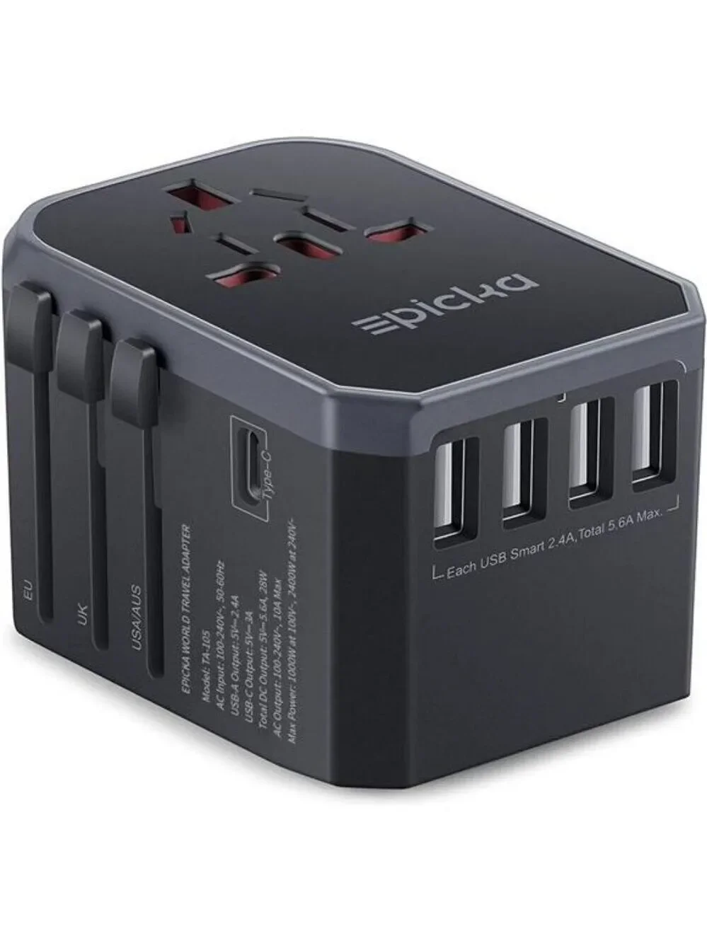 EPICKA Universal Travel Adapter USB C International Power Plug Charger Grey